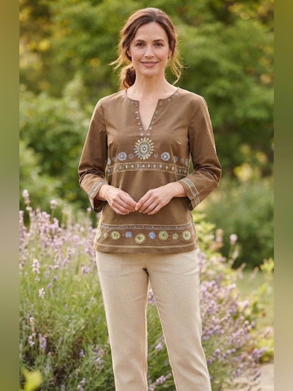 Talbots Tan Top with Blue Embroidery size Small